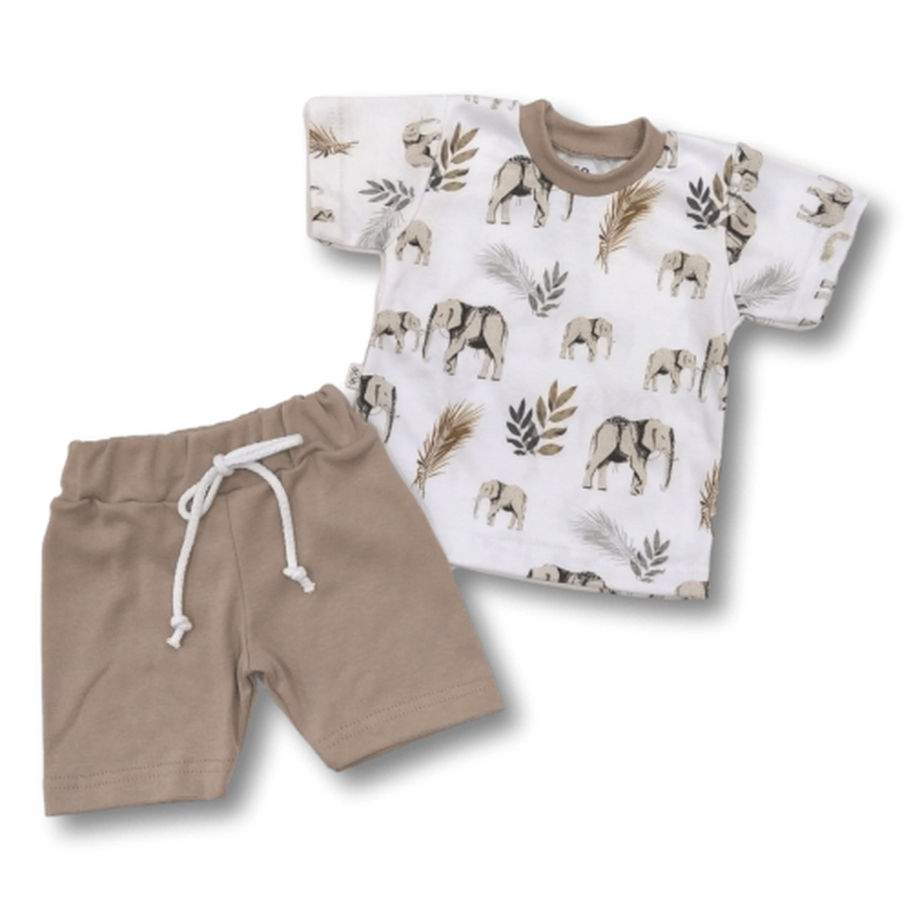 Kasia-Ubranka-Komplet „Słonie” biała koszulka i brązowe spodenki